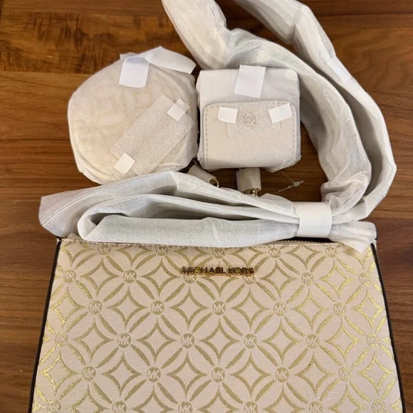 Michael Kors Gold and Cream Jet Set Travel Crossbody with Tech Attachments